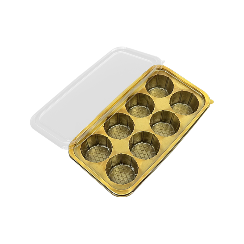 Caja de pastelería de plástico dorado circular de 8 cavidad